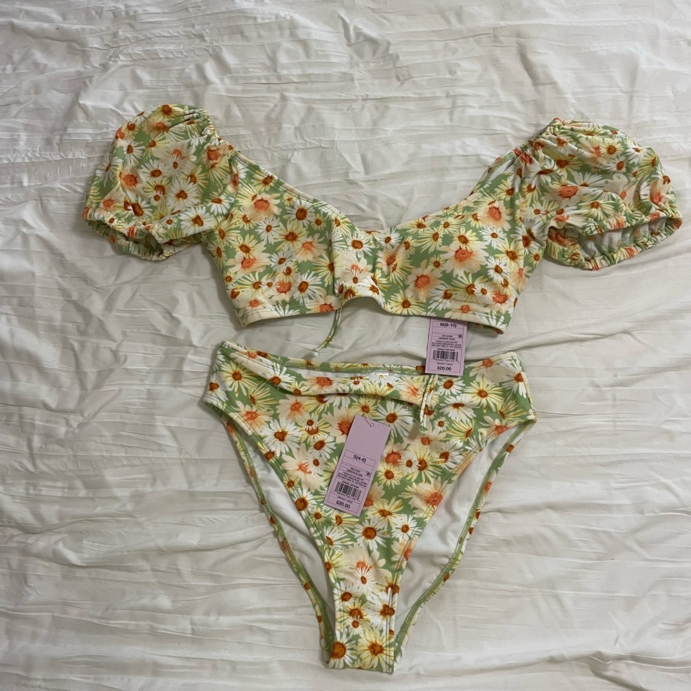 Womens puff sleeve bikini wild fable green daisy medium top small bottoms
